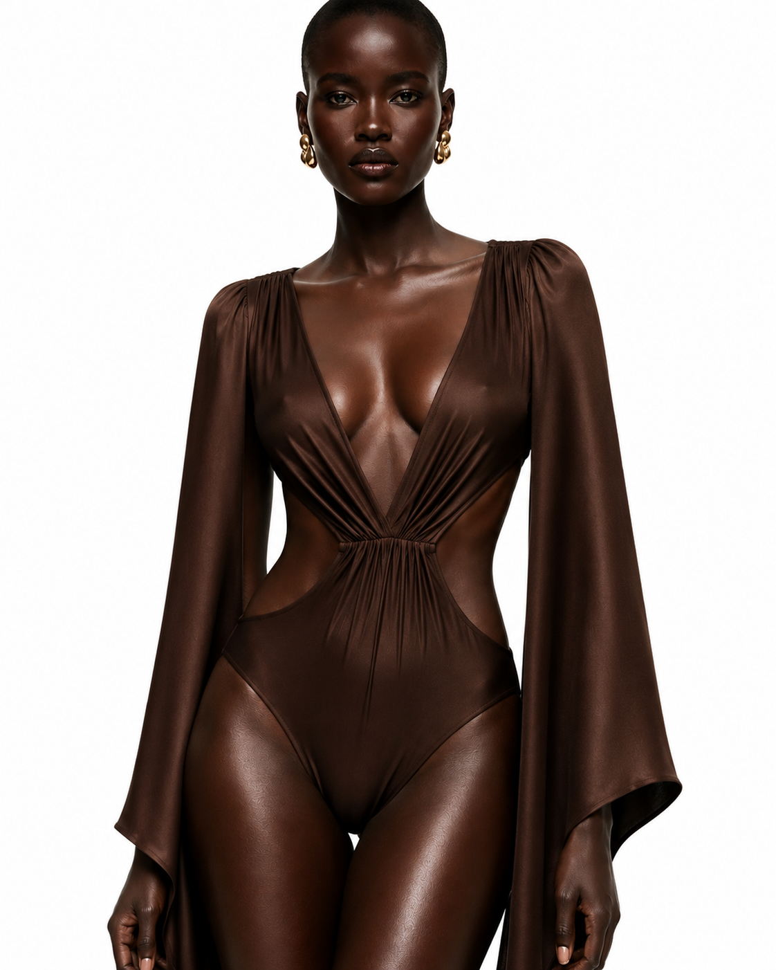 Aurelia Body Espresso by May Rose featuring a deep V neckline, dramatic butterfly flowing sleeves and sculpting cut-out bodysuit design for luxury beachwear looks.
