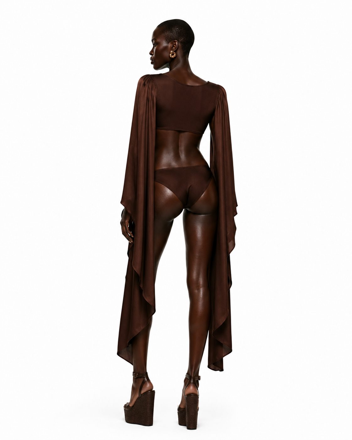 Back view of the Aurelia Espresso beachwear bodysuit by May Rose featuring open cut-out sides, flowing butterfly sleeves and a sleek resortwear silhouette.