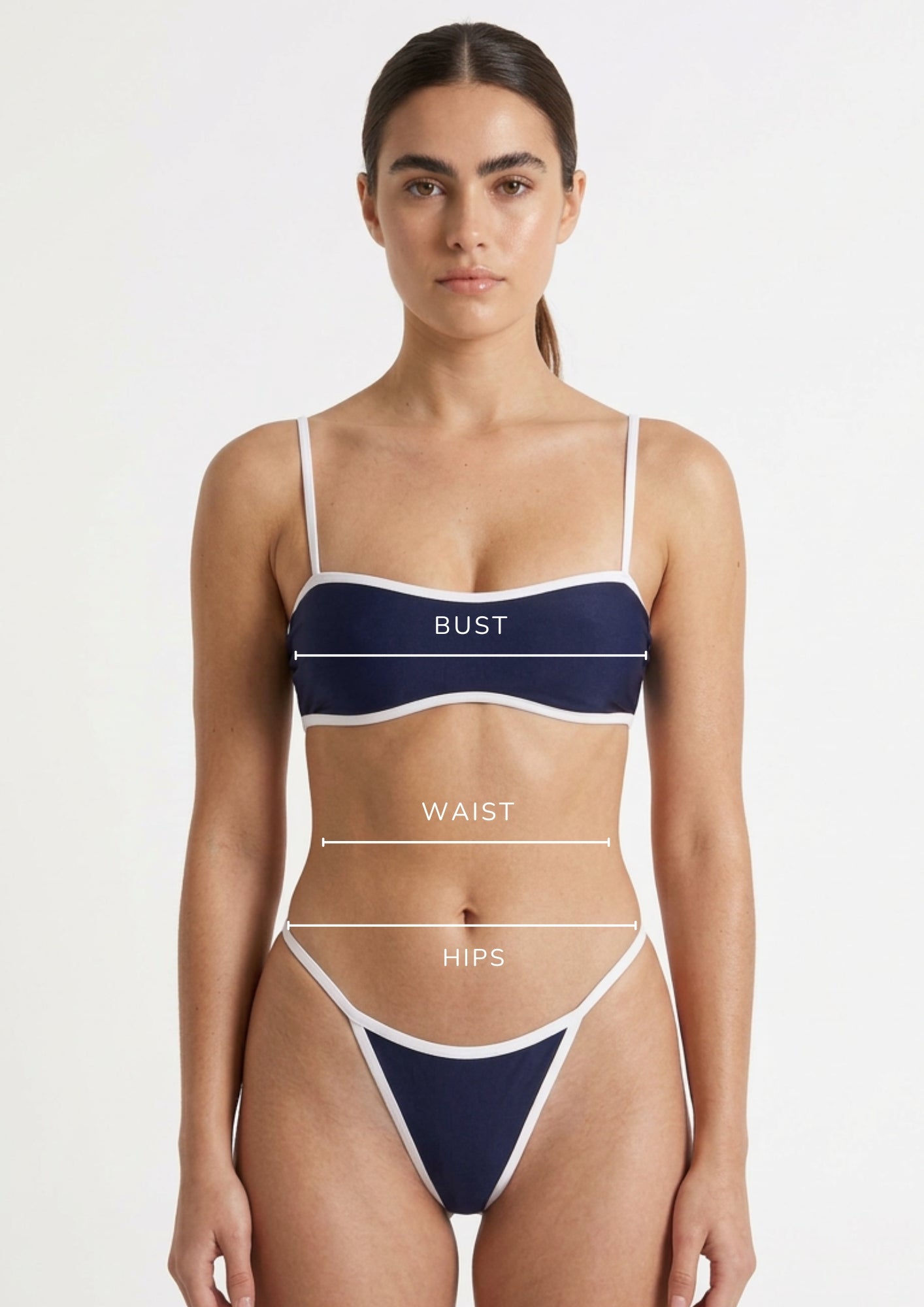 Size guide image for the Noah Sea Service bikini by May Rose Resortwear premium swimwear, showing bust, waist, and hips measurement placement on a female model.
