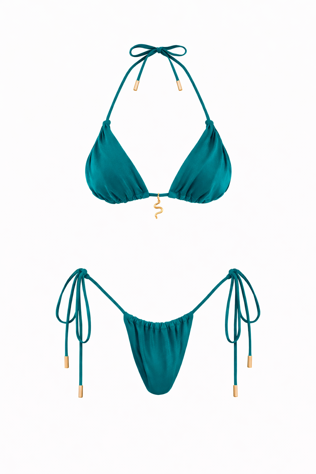 teal triangle bikini top and tie-side thong bottom with gold snake charm hardware — May Rose swimwear