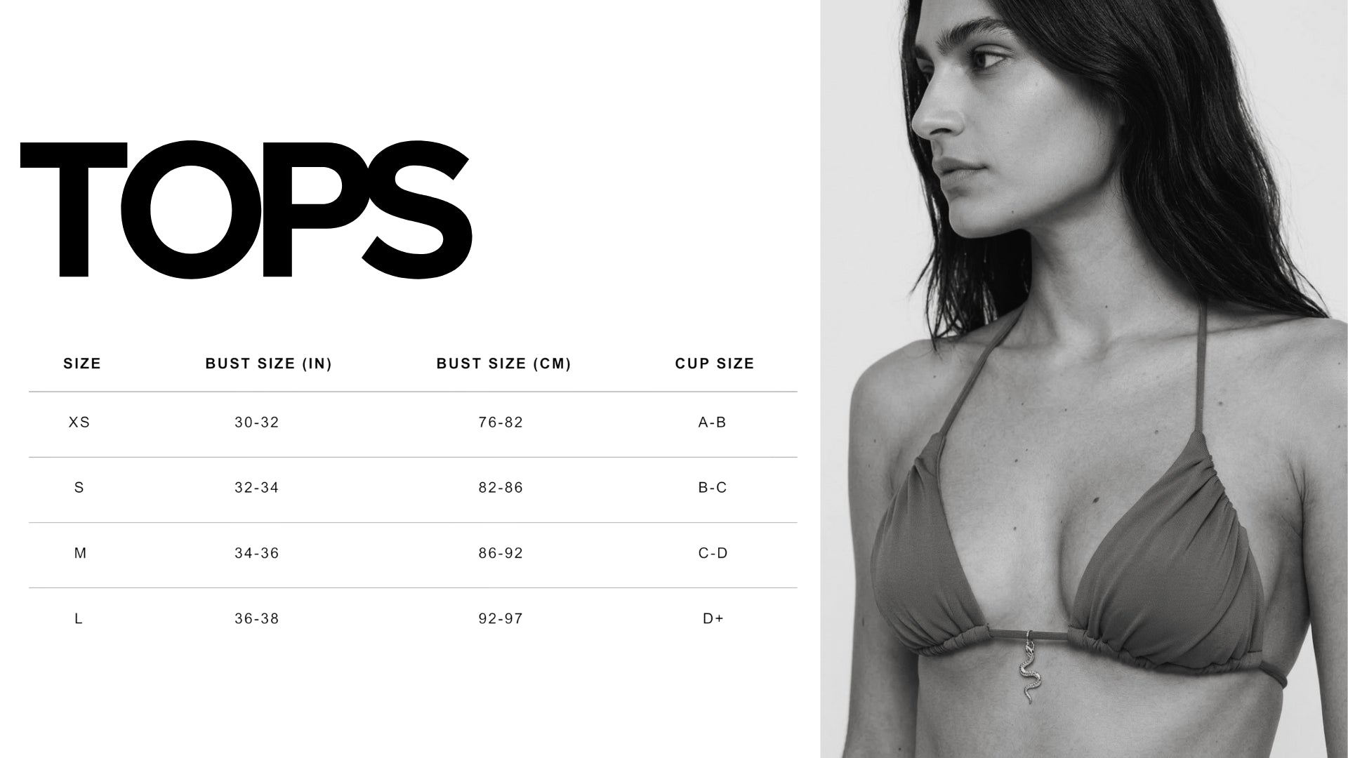 May Rose tops size guide showing bust size in inches and centimeters with cup size chart for XS, S, M and L bikini tops.