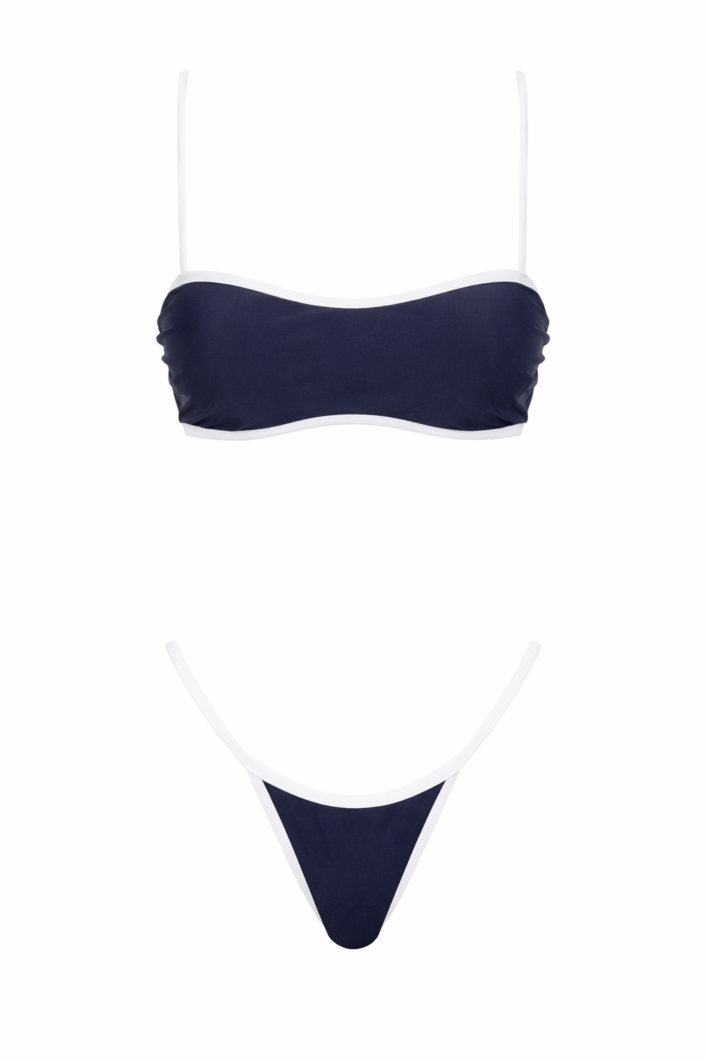 navy two piece bikini with white trim minimalist swimwear
