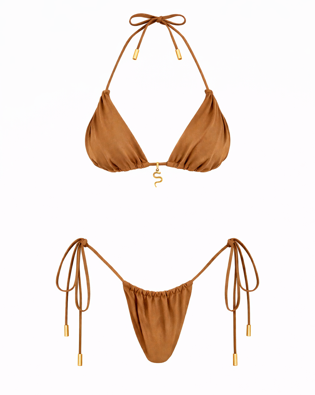 Camel patchouli triangle bikini set with draped effect, adjustable tie sides and gold snake charm detail – Sofia Camel Patchouli Set by May Rose