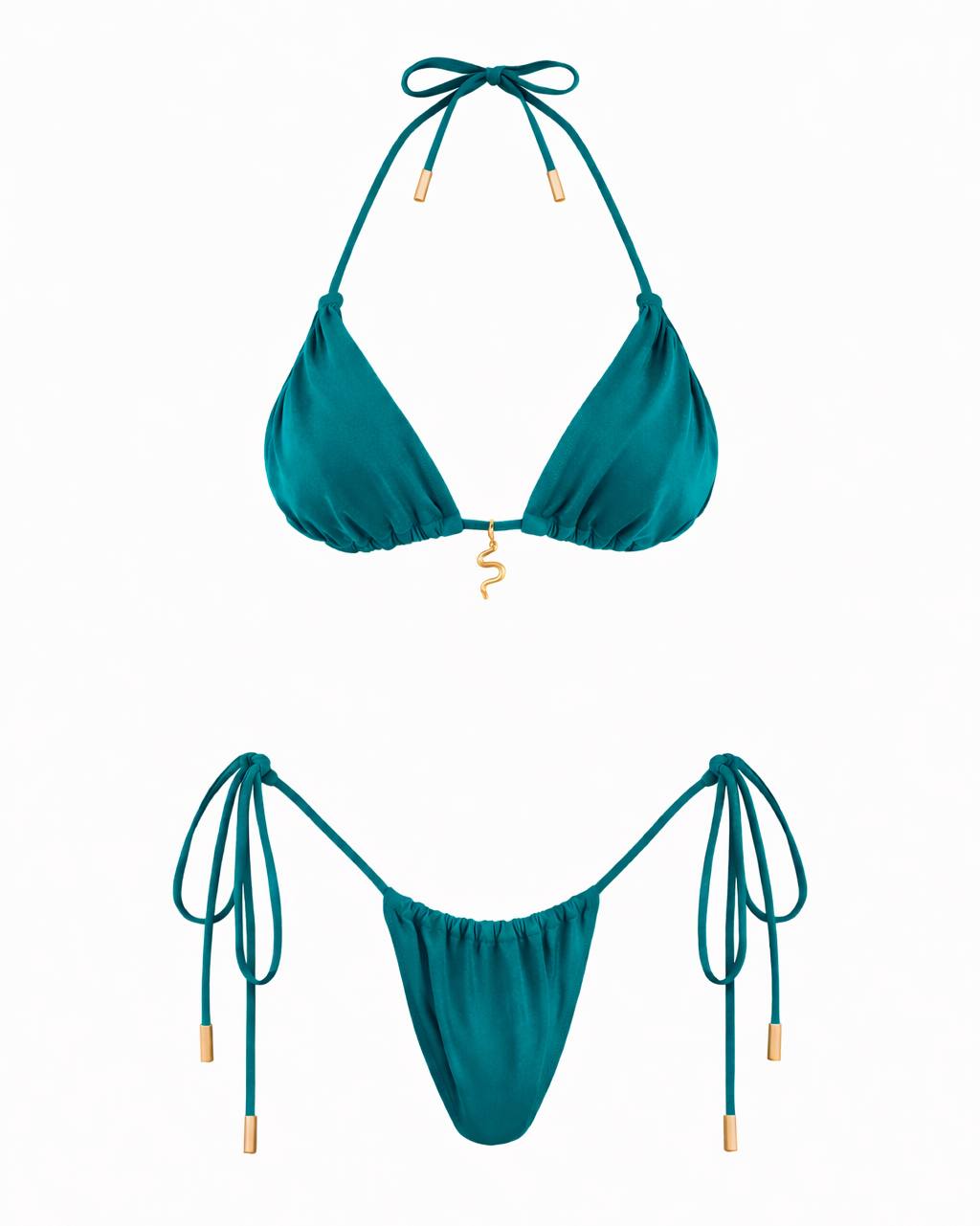 Emerald green triangle bikini set with adjustable tie sides and gold snake charm detail – Sofia Emerald Set by May Rose