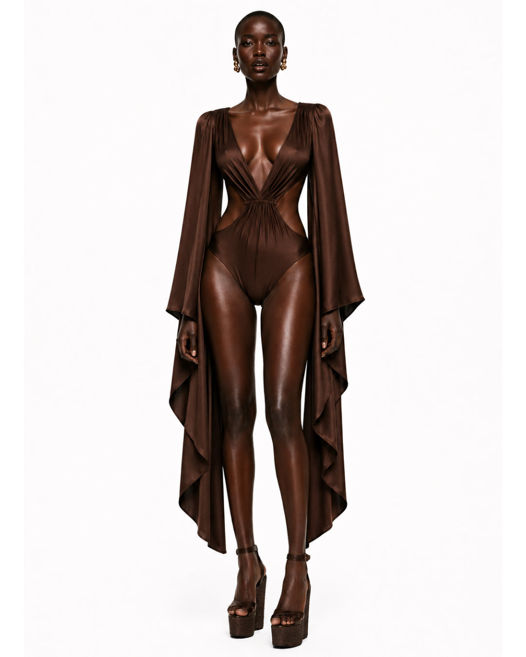Full-length front view of the Aurelia Espresso cut-out bodysuit by May Rose with dramatic flowing sleeves, deep V neckline and luxury resort beachwear aesthetic.