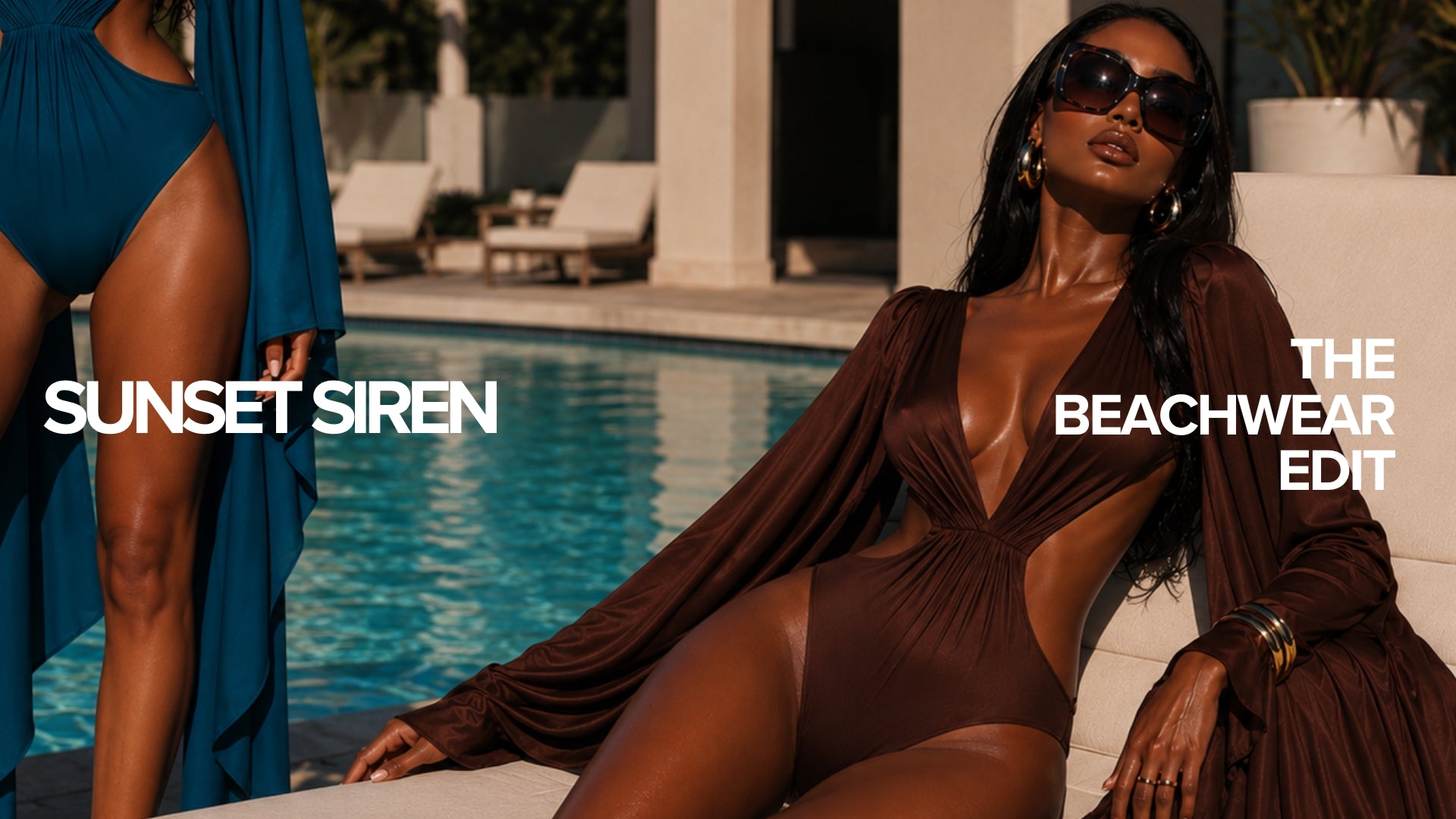 Aurelia by May Rose premium beachwear and luxury swimwear featured in a glamorous euro summer campaign by the pool at sunset, showcasing elegant designer one-piece swimsuits, sophisticated resortwear, luxury vacation fashion, chic beach style, tropical getaway outfits, sunset siren aesthetic, high-end women’s swimwear and modern luxury summer lifestyle.