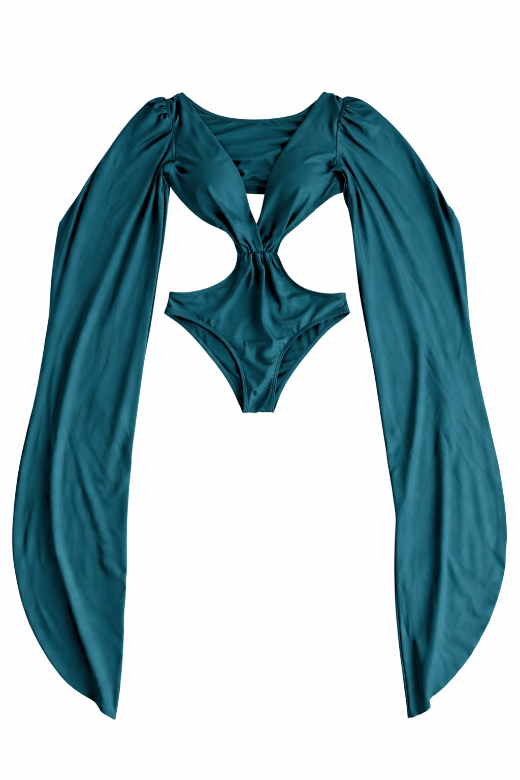 May Rose Aurelia bodysuit in Emerald Blue cutout, backless, push-up one-piece with dramatic butterfly sleeves, beach to bar.