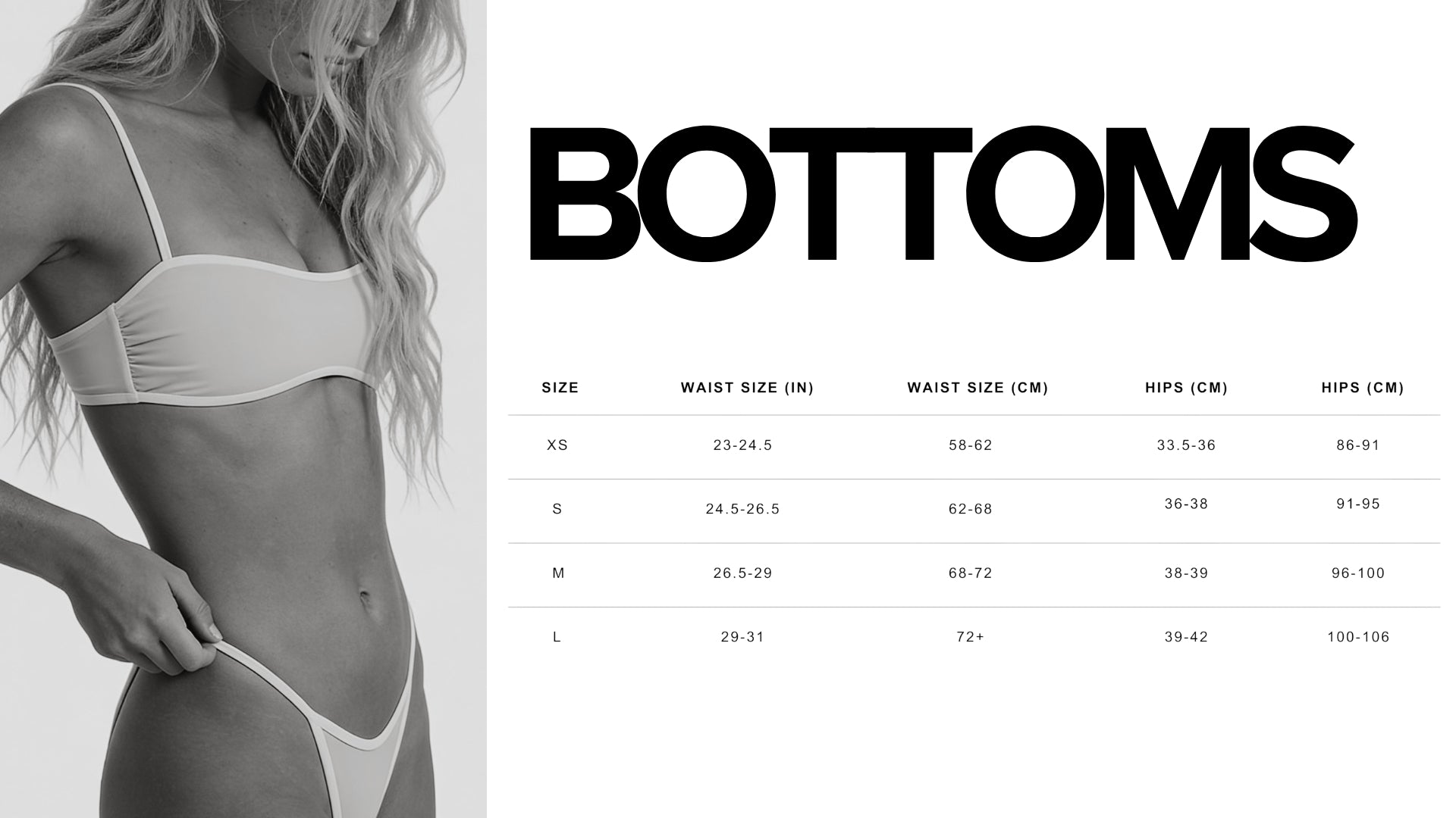 May Rose bikini bottoms size guide with waist and hips measurements in inches and centimeters for XS, S, M and L swimwear bottoms.