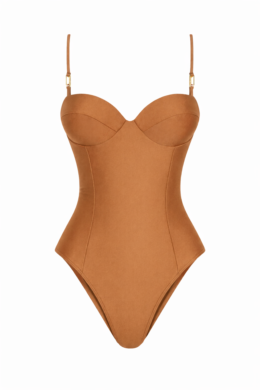 camel underwire one piece swimsuit with corset seaming, gold safety pin charms and adjustable straps — May Rose swimwear