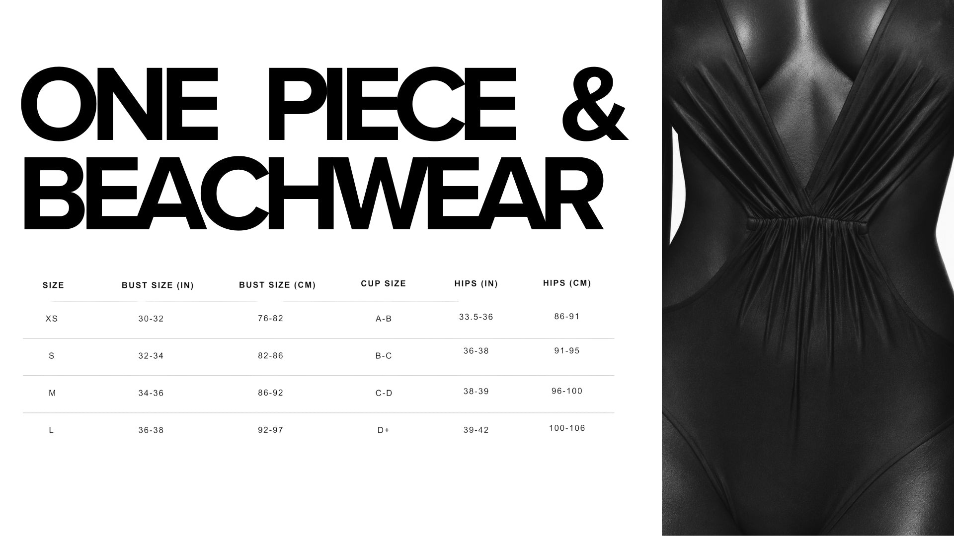 May Rose one piece swimsuit & beachwear size guide with bust, cup size and hips measurements in inches and centimeters for XS, S, M and L women’s swimwear.