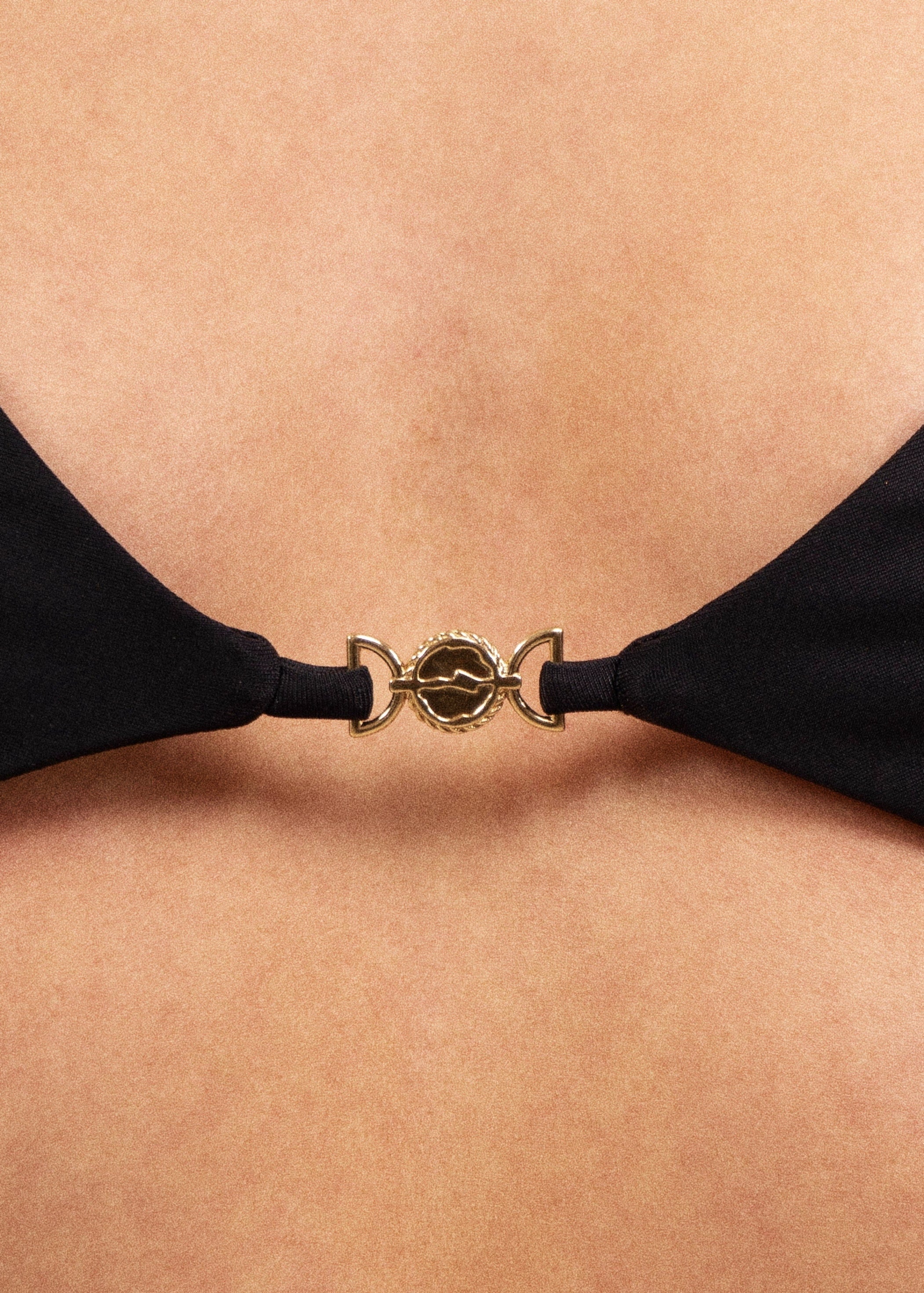 Chia bikini top in ebene black by May Rose Swimwear, featuring a central 18k gold-plated charm