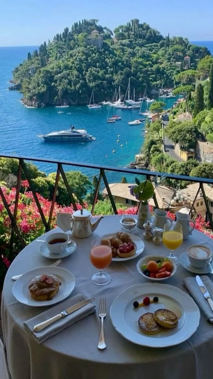 breakfast overlooking the sea on the italian riviera in portofino
