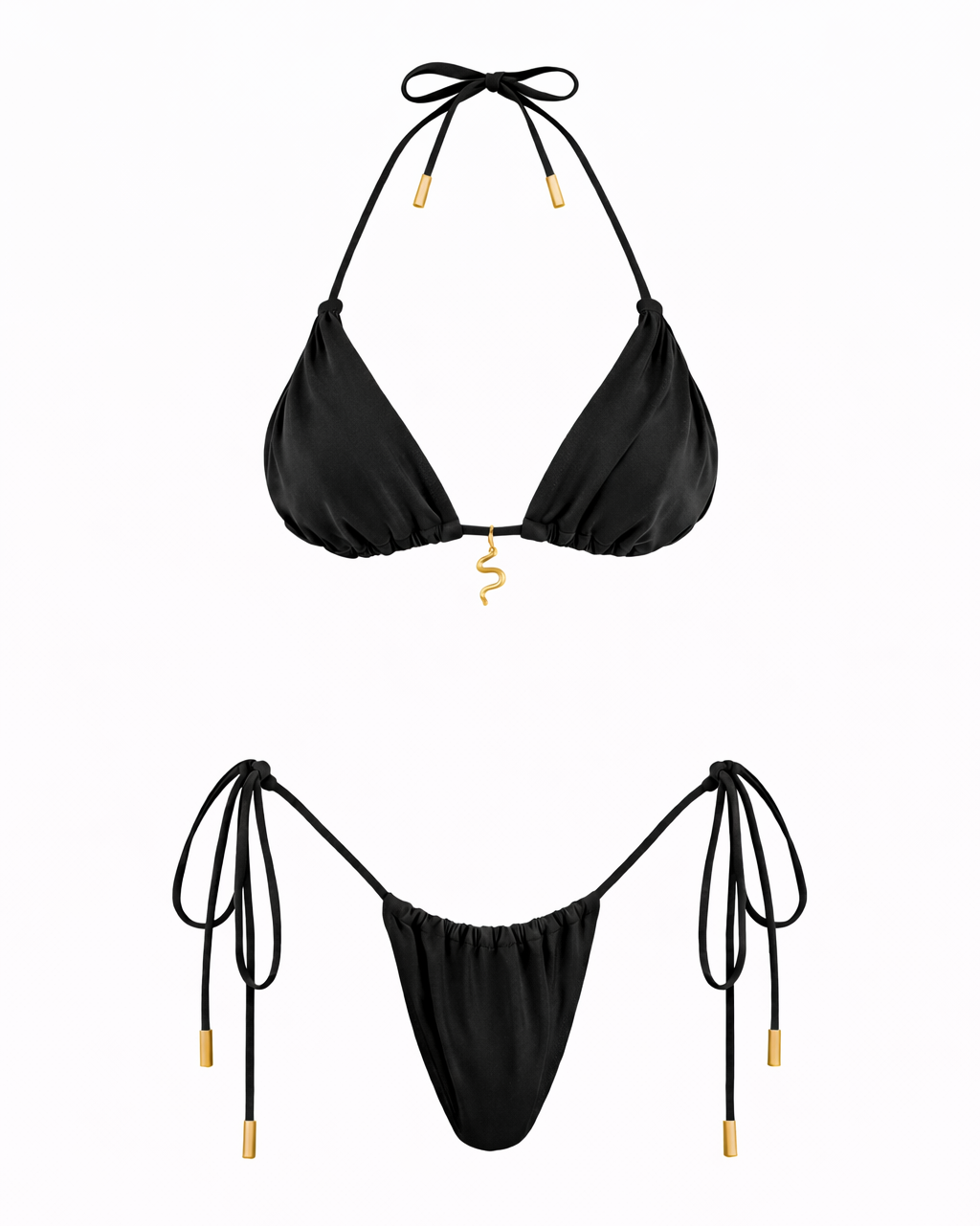 Black triangle bikini set with draped effect, adjustable tie sides and gold snake charm detail – Sofia Black Set by May Rose
